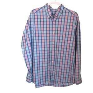 Vineyard Vines On-The-Go Performance brrr Plaid Shirt Blue Pink Mens Size L